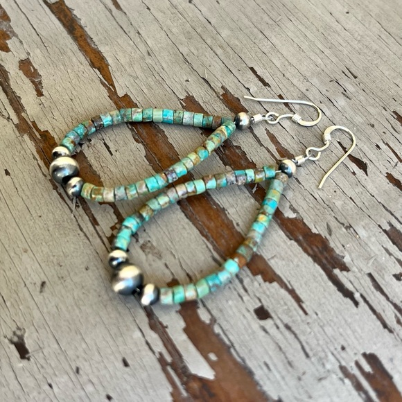 SOLD Kingman Heishi Turquoise Loop Earrings - Picture 2 of 3